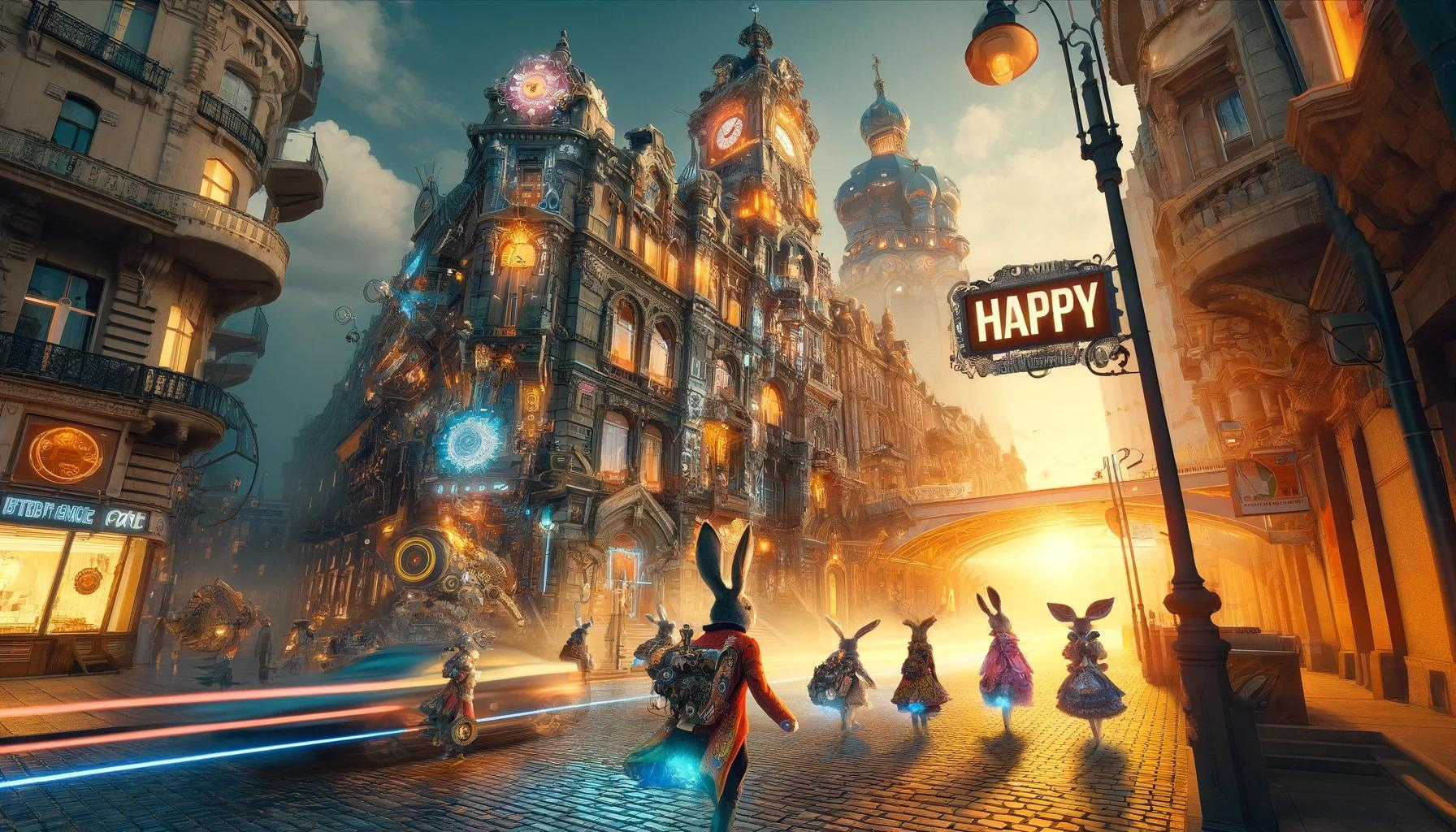 Steampunk Victorian-era rabbit family walking beneath Happy signage.
