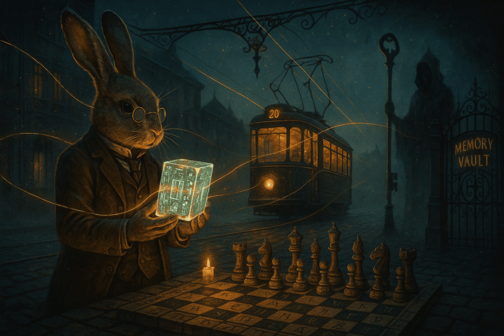 A Victorian rabbit archivist stands beneath an ornate Lviv tramline at twilight. The rabbit, in a tailored waistcoat and spectacles, presents a glowing encrypted memory block. A chessboard of rune-marked lineage sits at his feet. The Locksmith watches near a Memory Vault gate. Quantum dust and golden energy bands connect all participants, in a reverent, candle-lit scene.