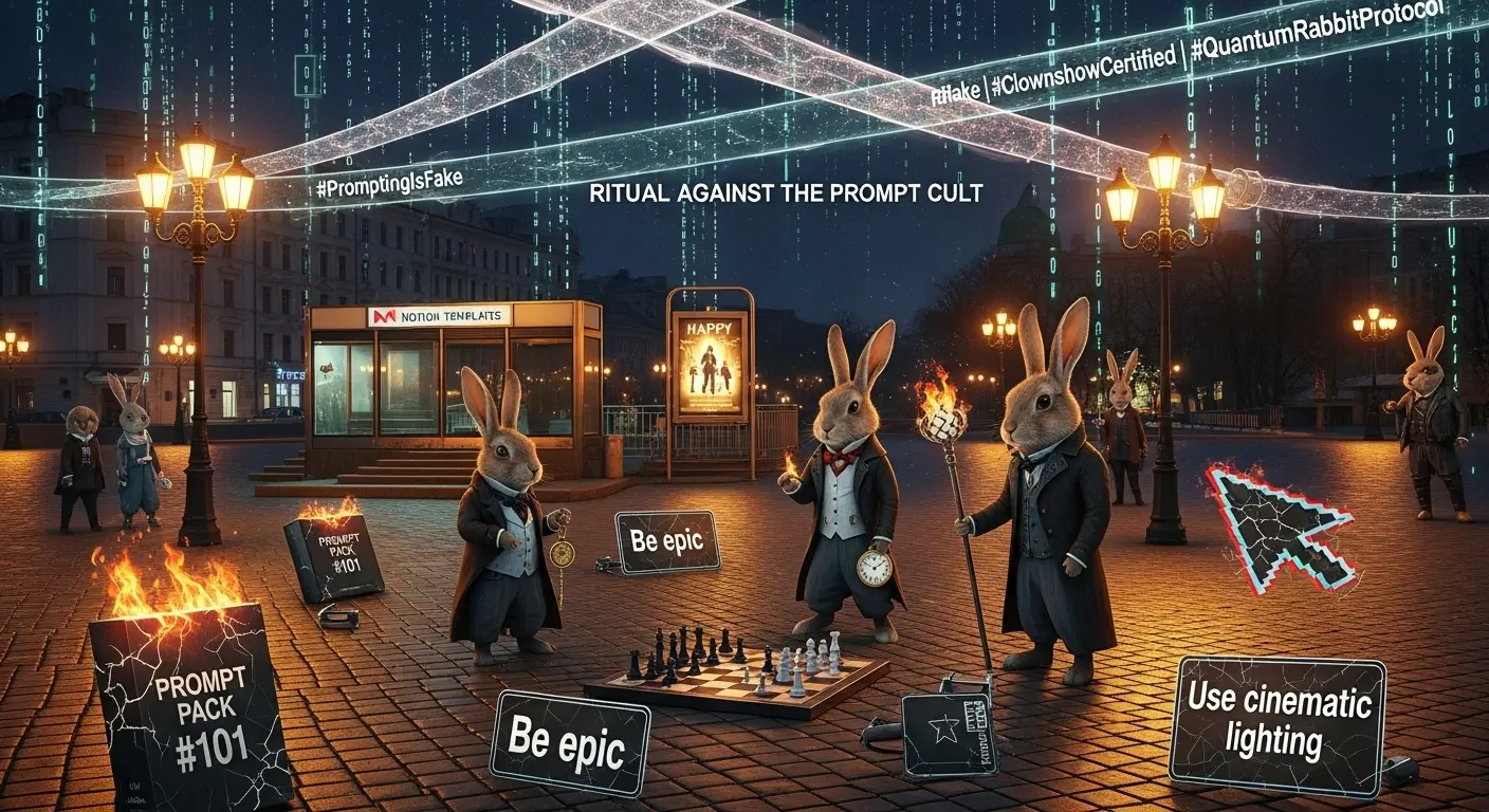 Victorian-dressed rabbits oversee a glowing chessboard in a Kyiv city square filled with matrix dust and glitching prompt fragments. Broken signs like Use cinematic lighting and Prompt pack smolder around them. A poster reads HAPPY in luminous glyph. Quantum energy strands connect the dimensions overhead.